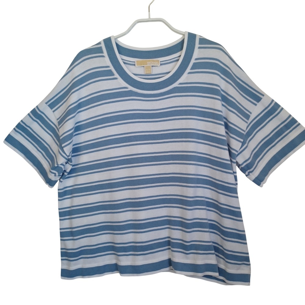 Michael Kors Womens XL Blue White Striped Short Sleeve Knit Top Boxy Fit Sweater